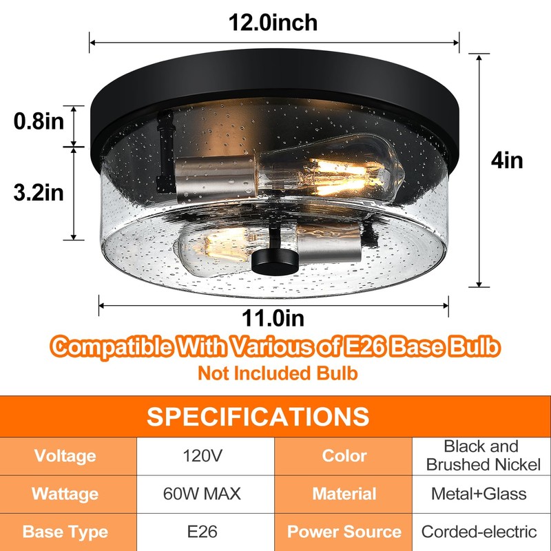 Flush Mount Ceiling Light Fixtures, 2-Light Black and Silver Ceiling
