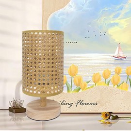 AFORTLO Table Desk Lamp,Small Rattan Hollow-Out Bamboo Boho Decorative Nightstand Night Light Solid Wood Base Lamp for Bedroom,Living Room,End Table or Office with Bulb(Rattan Hollow-Out)