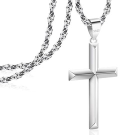 Rasetil 925 Sterling Silver Cross Necklace Beveled Edge for Men Women 3mm Stainless Steel Durable Wheat Chain Crucifix Pendant Necklace Jewelry 16 Inche