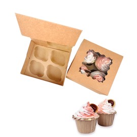 Gcardist Auto-pop Up 4 Cupcake Boxes with Window Brown 12 Packs Cupcake Box 16x16x7.6cm Bakery Boxes For Cupcakes Carrier, Cupcake Containers