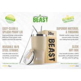 Beast Tumbler - 900 ml (30 oz), Beige Sand | Reusable Stainless Steel, Vacuum Insulated Cup | with + 2 Straws & Cleaning Brush | Double Wall Travel Flask Perfect for Hot or Iced Coffee | BPA Free