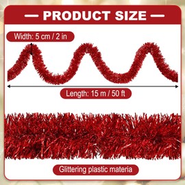 50 Feet Christmas Tinsel Garland, Metallic Twist Garland Wall Hanging Tinsel Garland Backdrop for Parade Floats, Christmas Eve, New Year, Valentine's Day Party Decorations (Red, 2in x 50ft)