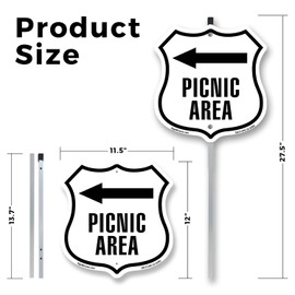 Picnic Area Left (2 Pack) 12 inch X 12 inch Shield Shaped Commercial Grade Plastic Signs with Aluminum Mounting Stakes Weather Resistant Made in the USA