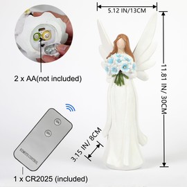Starryfill Figura de ángel pintada a mano con capacidad para 10 luces LED blancas cálidas, flor azul e interruptor control remoto para mujeres, regalos de memoria, decoración del hogar (blanco
