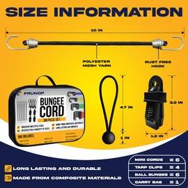 Frunop 30-Piece Assorted Bungee Cords with Hooks – Set Includes 18", 24", 32", 40" Heavy-Duty Stretch Cords, 6 Ball Bungees, 4 Tarp Clips, 6 Mini Cords, and an Organizer Bag For Indoor and Outdoor Use