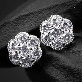 Brilliant Unisex Elegant Iced Cz White Gold Plated 925 Sterling Silver Round Men's Women Flower Cluster Cz Unisex Circle Stud Hip Hop Hypoallergenic Screw Back Earrings