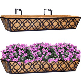 HFHOME 2 Pcs 30" Window Box Deck Railing Planter with Horse Trough Coco Liners, Black Metal Hanging Flower Planters Baskets for Indoor, Outdoor, Balcony, Porch, Fence, Patio, and Lawn