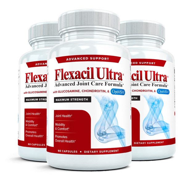 Flexacil Ultra (3 BOTTLES) Maximum Strength Joint Health & Support Supplement | Glucosamine, Chondroitin, Hyaluronic Acid & MSM, 60ct each
