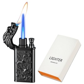 Torch Lighter, Cool Relief Dragon Dual Flame - Windproof Adjustable Jet Flame and Soft Flame, Refillable Butane Lighter for Gift, Candle, BBQ, Kitchen, Camping (Without Butane)-Black