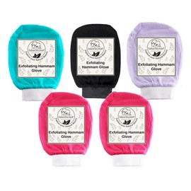 Natural Elephant Exfoliating Hammam Glove - Face and Body Exfoliator Mitt 5 and 10 packs (2 Pink, 1 Black, 1 Teal, 1 Lilac (Pack of 5))