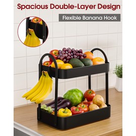 Sakugi Fruit Basket for Kitchen Counter - 2-Tier Metal Fruit Bowl with Movable Banana Hanger, Multi-Purpose Fruit Holder for Kitchen, Bathroom & Living Room, 8.9" D x 13.4" W x 14.0" H, Black