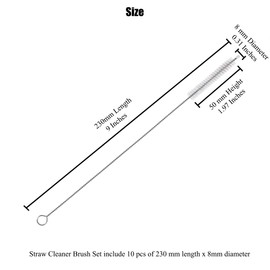 FOREVERIE Common Straw Cleaning Brush Bendable with Clear Nylon Bristles, 304 Stainless Steel Handle & Hanging Loop, Diameter 8 x Length 230 mm / 0.3 x 9 Inch, Set of 10