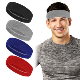 Heclia Sweatbands Sport Headband for Men Women, 4Pcs Breathable Fitness Elastic Head Bands Moisture-Wicking Hair Warp Non-Slip Terry Cotton Sweat Bands for Tennis Running Working Out Basketball