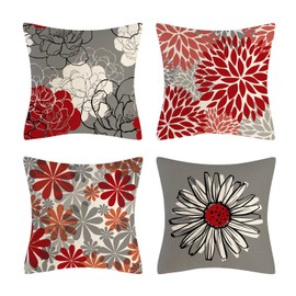 4 Set Throw Pillow Covers, BetterJonny Modern Daisy Pillows red Flowers and Grey Decorative Pillow Covers for Living Room Outdoor Home Sofa Bed Couch Bed 18 x 18 Inch