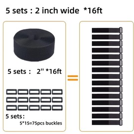 (5 Sets) 16 Ft 2 inch Wide Cable Ties with 15 Buckles, Reusable Heavy Duty Hook and Loop Straps, Adjustable Straps for Home, Office, Desk, Wire, Cord Wraps, Cable Management Storage Straps, Black