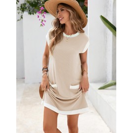 Famulily Casual Sundress for Women Soft Crewneck Ribbed Knit Cap Sleeve Color Block Beach Vacation Dresses with Patch Pockets L Khaki