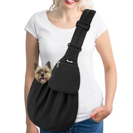 SlowTon Cangurera Mochila para Llevar Perro Manos Libres con Correa Acolchada Ajustable, Bolsa de Algodón Transpirable con Cinturón de Seguridad para Mascota hasta 6kg, Lavable a Máquina (Negro)