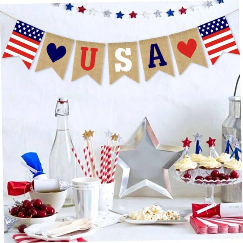 ABOOFAN Dependence Day Celebration USA Flag Burlap Bunting Patriotic Decor