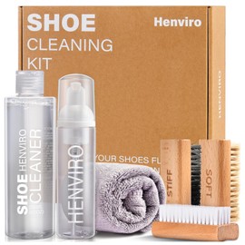 Henviro Shoe Cleaner Kit for Sneaker - 8.5 Oz Shoe Cleaning Kit with Shoe Brushes & Towel, White Shoe Sneaker Cleaner Kit, Suede Shoe Cleaner for Suede Mesh Leather Knit, and Most Materials