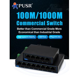 PUSR 5 Ports 100M Ethernet Network Switch DC or Terminal Power Supply Plug and Play Supports Auto MDI/MDIX DIN Rail Installation and Desktop Placement Iron Housing USR-SF1005