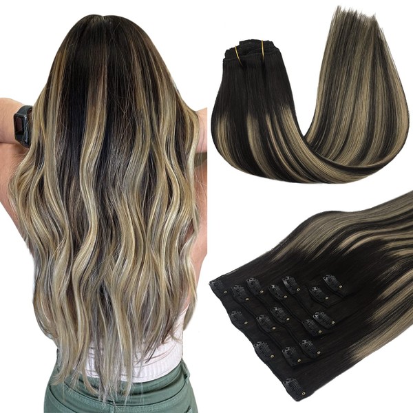 MAXITA Clip-In Real Hair Extensions, 45 cm / 18 Inches, 120 g, 7 Pieces, Balayage Natural Black to Light Blonde, Remy Clip-In Hair Extensions Real Hair Extensions