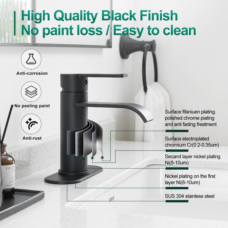 VOTON Matte Black Waterfall Bathroom Faucet, Single Handle 1 or