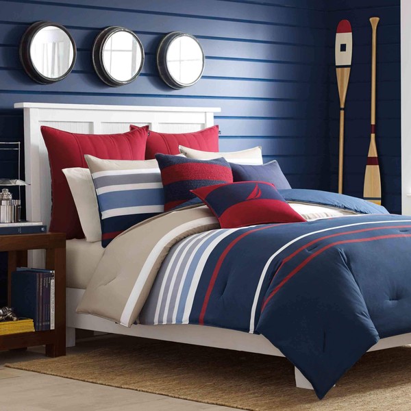 Nautica Home Bradford Collection 100% Cotton Cozy & Soft, Durable & Breathable Striped Reversible Duvet Cover with Matching Shams, 3-Piece Bedding Set, Full/Queen, Navy/Khaki
