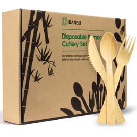 BANBU Bamboo Utensils Set Disposable-150PK 6.7” (60 Forks 60 Knives 30 Spoons) Eco Friendly Natural Biodegradable Compostable Bamboo Cutlery Travel Disposable Knives Spoons and Forks Set