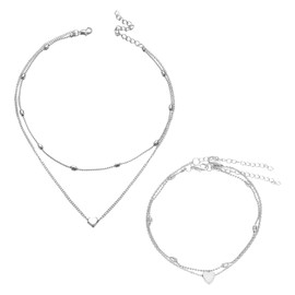 JTMKYO 1 Piece of Layered Heart-Shaped Pendant Necklace, 1 Piece of Anklet, Silver Necklace, Women's Necklace, Multi-layered Collarbone Necklace, Alloy Anklet