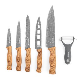 Holstein Housewares 6-Piece Knife Set – Stainless Steel Kitchen Knives with Wooden-Coated Handles, Non-Stick Coating, and Ceramic Peeler – Stylish & Versatile for Everyday Cooking