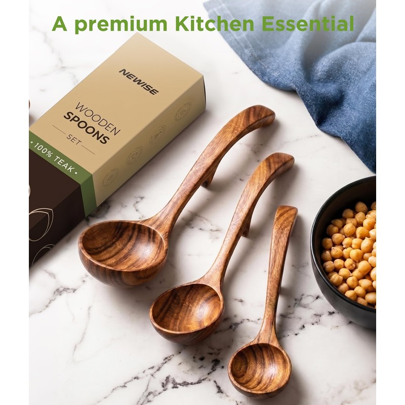 Wooden Spoons for Cooking: 3 Size Teak Wooden Ladle