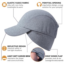 GADIEMKENSD Winter Fleece Hats Reflective Ponytail Hat for Women Ball Caps with Earflap Drop Down Ear Warmer Mens Skull Cap Beanie with Visor Cold Hat for Outdoor Hiking Running Snow Ski Light Gray