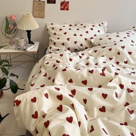 Nayoroom Bed Linen 140 x 200 cm Hearts, Red and White Aesthetic Duvet Cover, Microfibre White Bed Linen with Small Red Heart and Pillowcase 70 x 90 cm with Zip