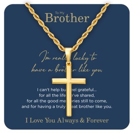 NORBU 18K Gold Over S925 Cross Necklace for Men with Greeting Card, Hypoallergenic Durable Stainless Steel Rope Chain, Christian Religious Gifts for Men, To My Brother