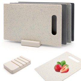 TNSLAND Set of 4 Plastic Chopping Boards, Kitchen Boards, Breakfast Board with Handles and Storage Stand, Chopping Board for Meat, Delicates, Vegetables and Fruits