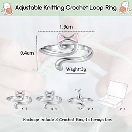 Kotkiddy Metal Crochet Ring, Pack of 3, Adjustable Hooks, Knitted Crochet Loop Accessories, Crochet Knitting Thimble, Thread Guide, Ring, Finger Holder, DIY Knitting Crafts, Cat Ears