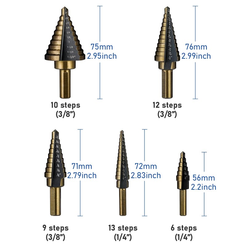 Chazcool Step Drill Bit, 5PCS HSS Titanium Step Drill Bit