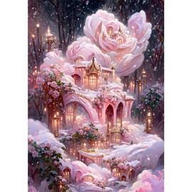 MXJSUA 5D Diamond Art Painting Kits for Adults, Roses Diamond Art Kits Pink Castle Diamond Art Painting Kit for Adults Full Drill, DIY Crystal Picture Art for Home Wall Decor 12x16 inch