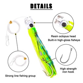 Saltwater Trolling Lure 8.8inch/6inch Fishing Soft Octopus Skirts Bait Big Game Shark Hooks Marlin Lure Tuna Mahi Dolphin Durado Wahoo Rigged Trolling Lure 6" Mix