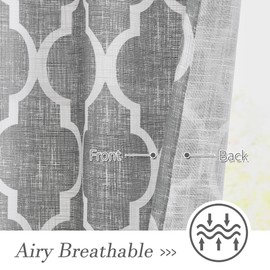 Beauoop Linen Semi Sheer Curtains 54 Inches Long 2 Panels for Bedroom Living Room Grey Moroccan Geo Farmhouse Light Filtering Privacy Textured Grommet Top Window Treatments Drapes, 50x54 2 Set