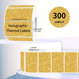 YEGAWEN 2.25"x1.25" Direct Thermal Labels, Holographic Thermal Printer Labels for Barcode, Self-Adhesive Address Shipping Thermal Label Stickers-1 Roll, 300 Labels, Holographic Gold