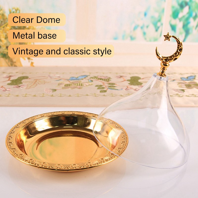 Serving Plate with Dome Golden Embossed Patterns Stainless Steel Acrylic