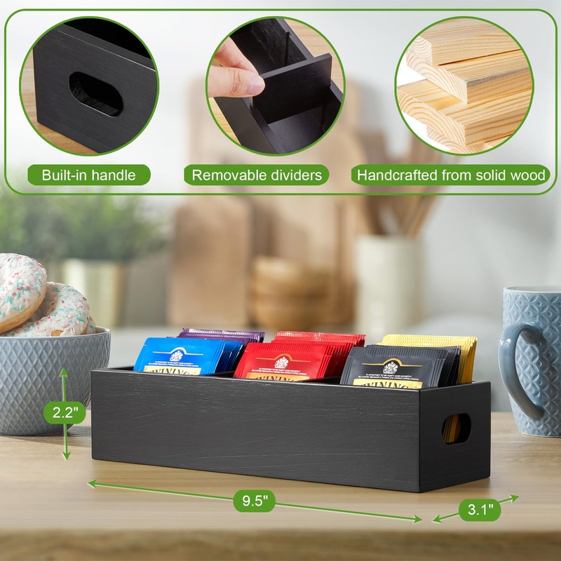 DRASTAR Tea Bag Organizer, Black Wooden Tea Bag Holder, Tea