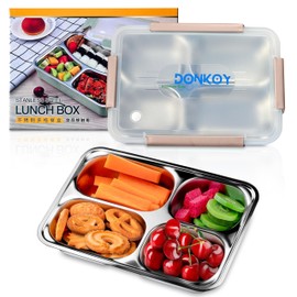 Donkoy 304 Stainless Steel Lunch Box with 4 Compartments 1100 ml, You Can Store Different Foods Separately, Stainless Steel Tin, Ideal for All Ages: Perfect for Adults (Pink)