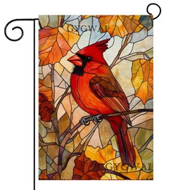 Cardinal Fall Garden Flag 12x18 Inch Double Sided, Small Burlap Autumn Stained Glass Maple Tree Red Bird Thanksgiving Outside Outdoor House Yard Decor