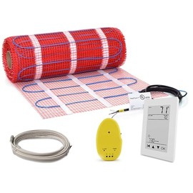 Floor Heating Mat Kit with GFCI Thermostat - Heated Bathroom Floor Mat for Ceramic Tiles, Stone, Marble. 7-Day programmable Thermostat with GFCI and Floor Sensor. Alarm. Sticky mesh