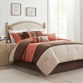 Madison Park Palisades Comforter Set Modern Faux Suede Pieced Stripe Design, All Season Down Alternative Cozy Bedding with Matching Shams, Decorative Pillows, King(104"x92"), Coral 7 Piece