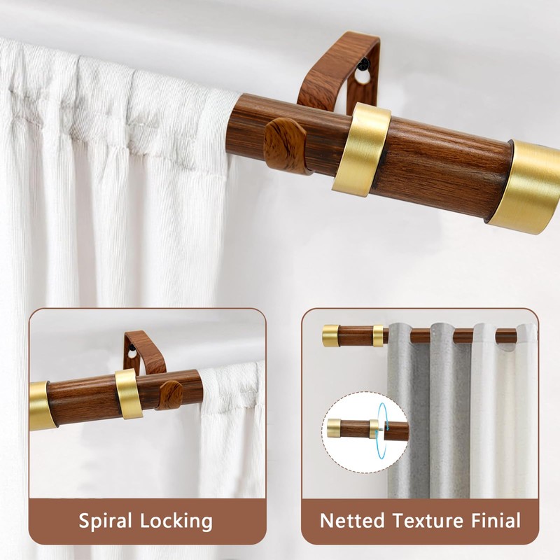 Wood Curtain Rods for Windows,1 Inch Boho Adjustable Window Curtain