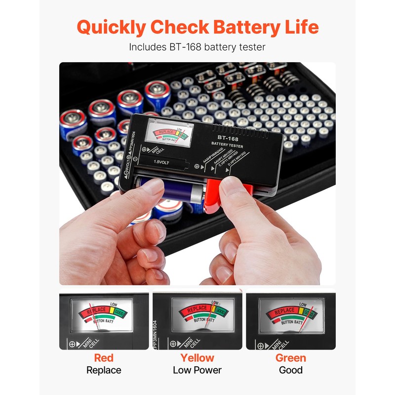 VEVOR Battery Organizer Storage Box, Battery Case Bag with Tester