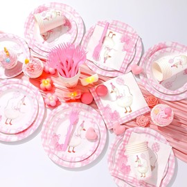 One Silly Goose Birthday Party Tableware Set Gingham Baby Shower Plates Cups Napkins Set for Birthday Party Decorations Supplies for 24 Guests